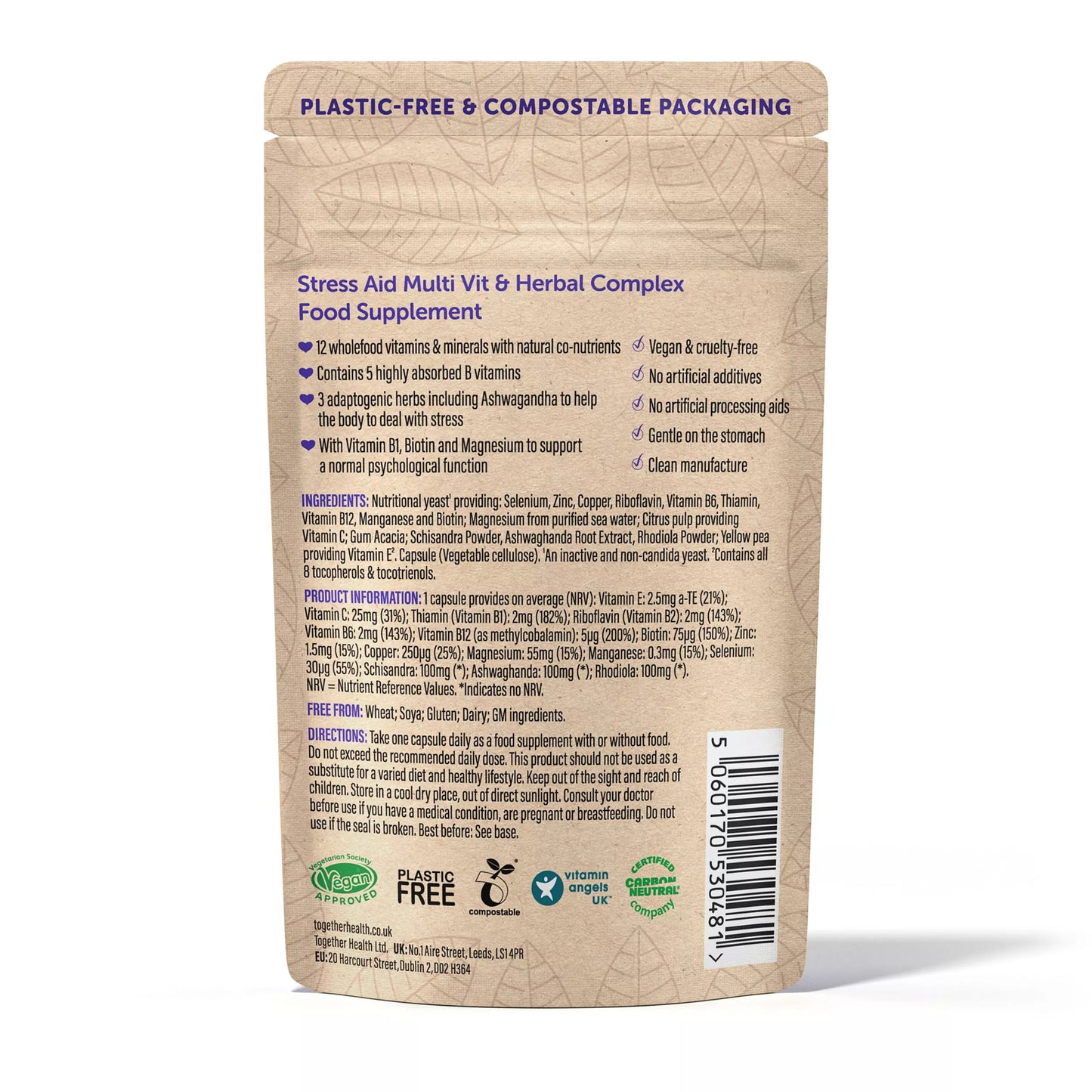Back view of a food supplement package with text and logos on a white background