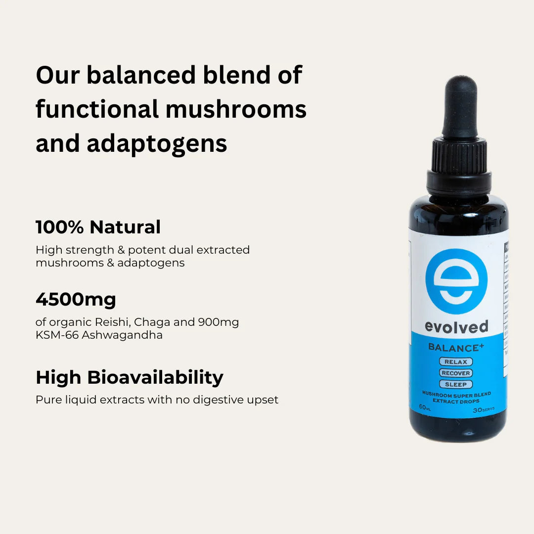 Balance+ Mushroom & Adaptogen Liquid Extract | Organic Reishi, Chaga & Ashawagandha for Calm, Sleep & Immunity