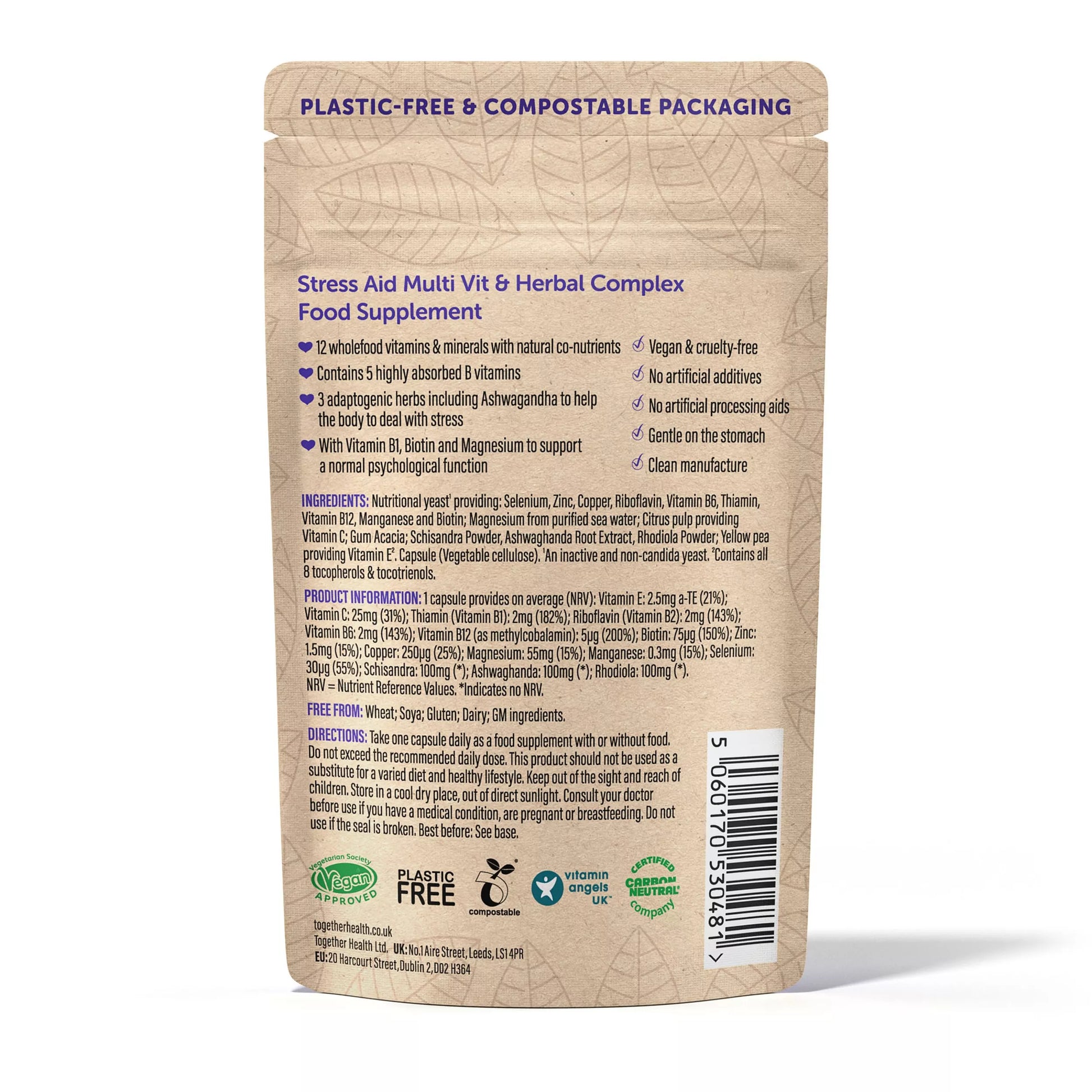 Back view of a food supplement package with text and logos on a white background