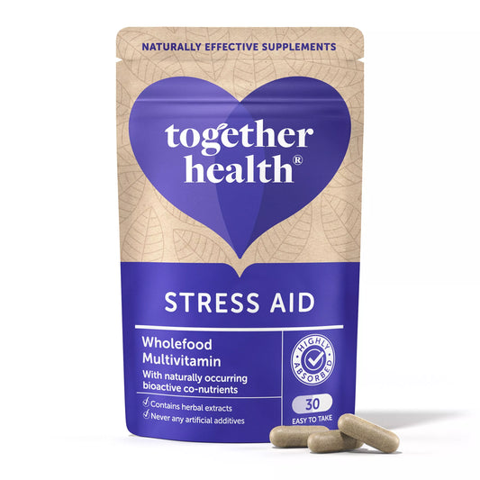 Together Health Stress Aid supplement package with purple heart logo on a white background