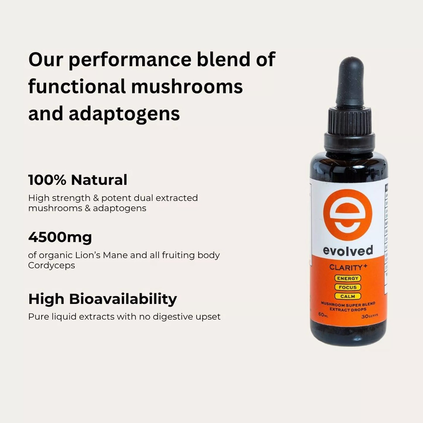 Clarity+ product label showing 100% natural, 4500mg ingredients and high bioavailability