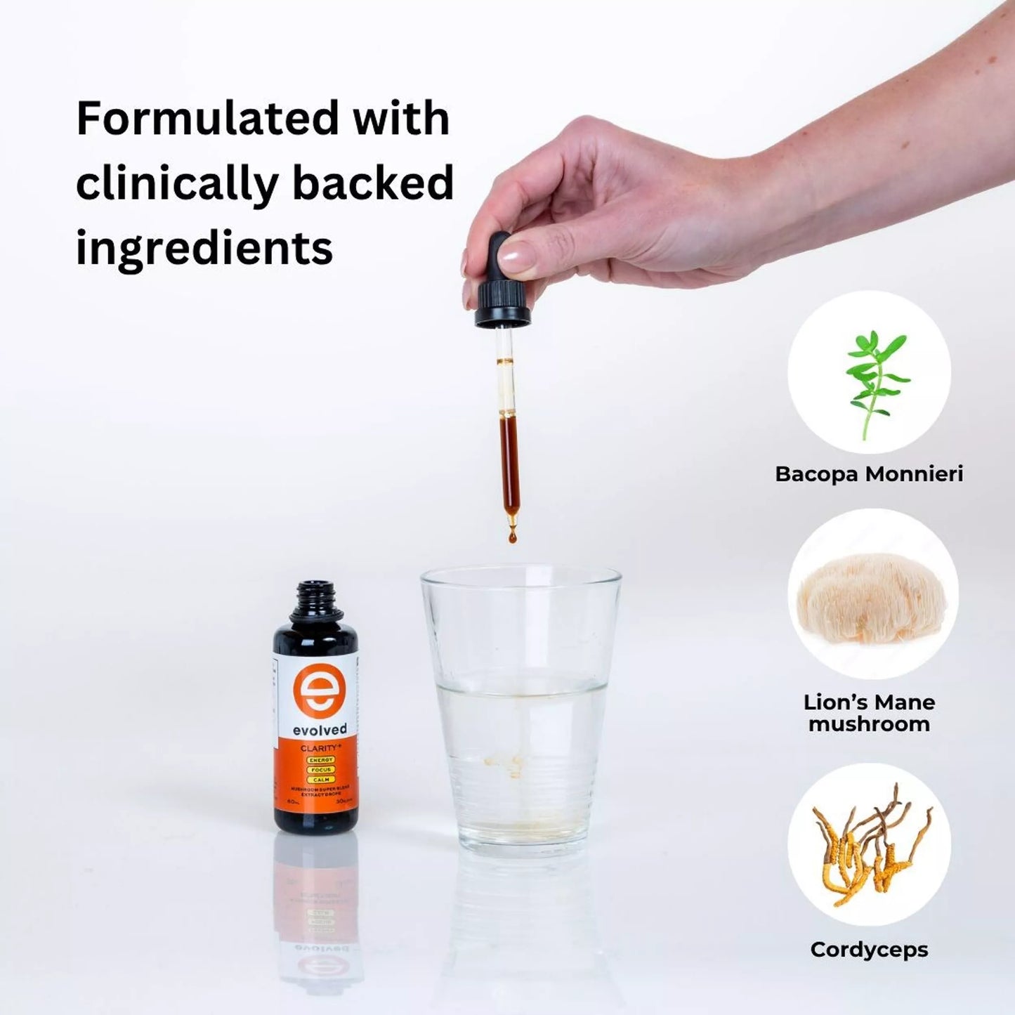 User adding Clarity+ extract to a glass of water with bacopa, lion's mane, and cordyceps in the background.