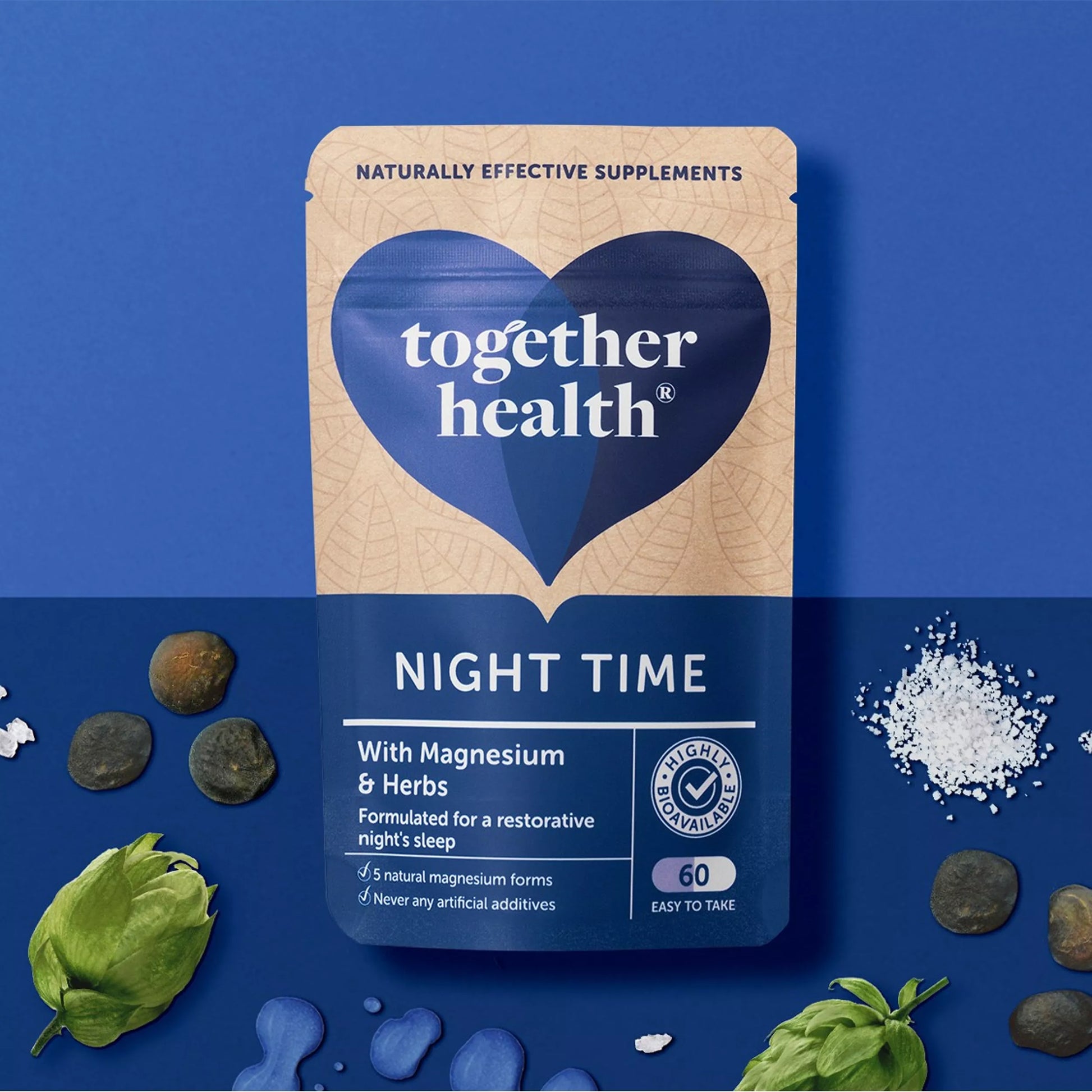 Together Health supplement package on a blue background with herbs and magnesium.