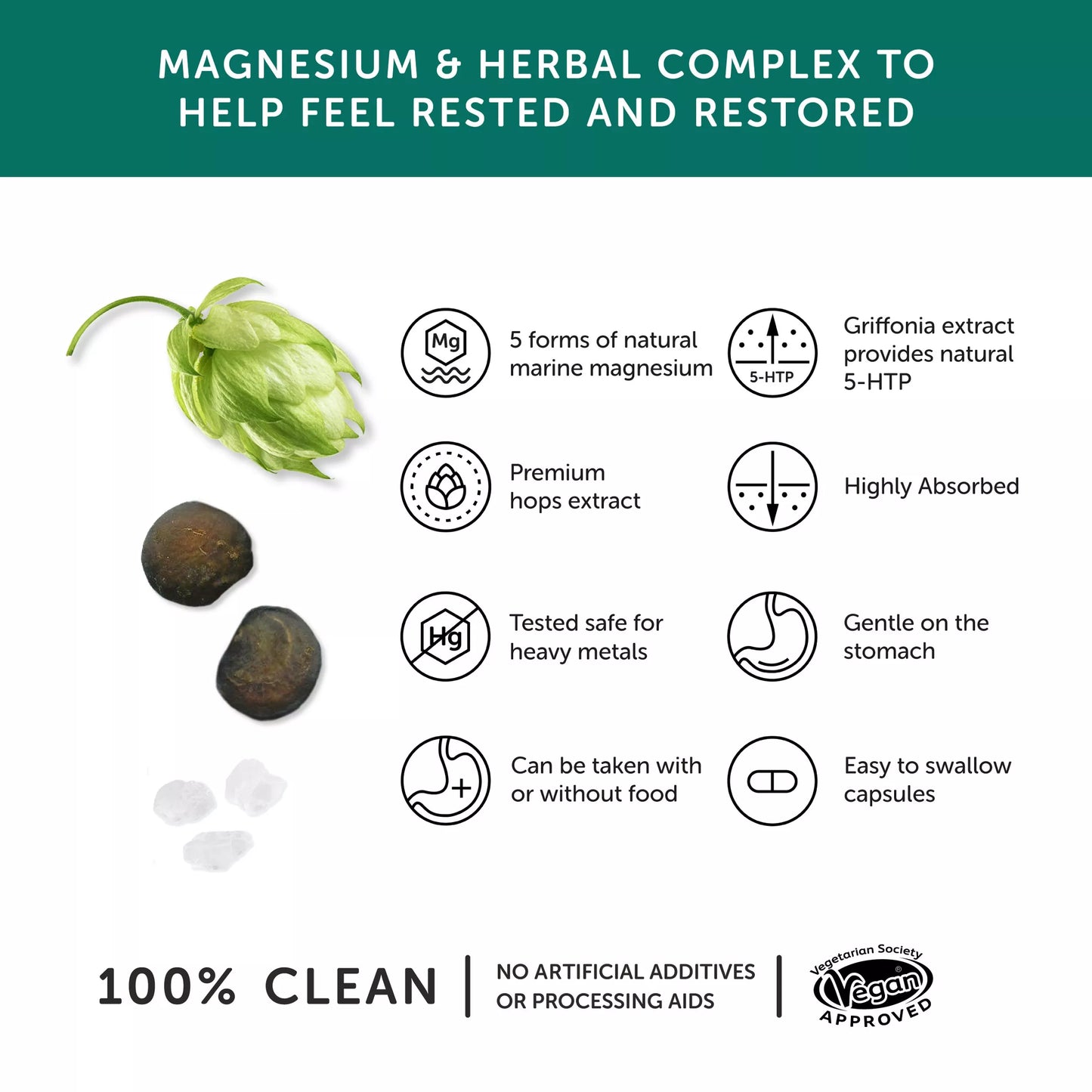 Product description of a magnesium and herbal complex with hop plant, capsules, and text on a white background.
