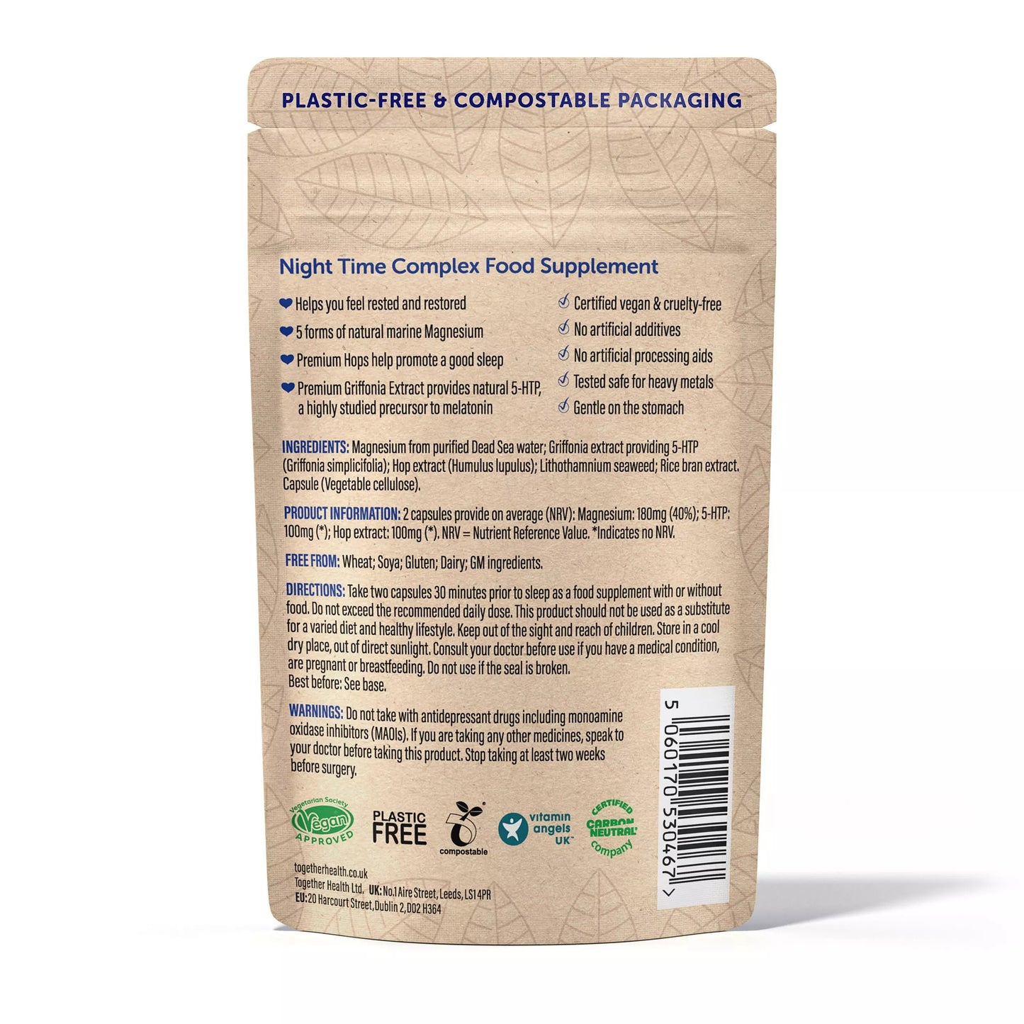 Back view of a food supplement package with text and icons on a white background